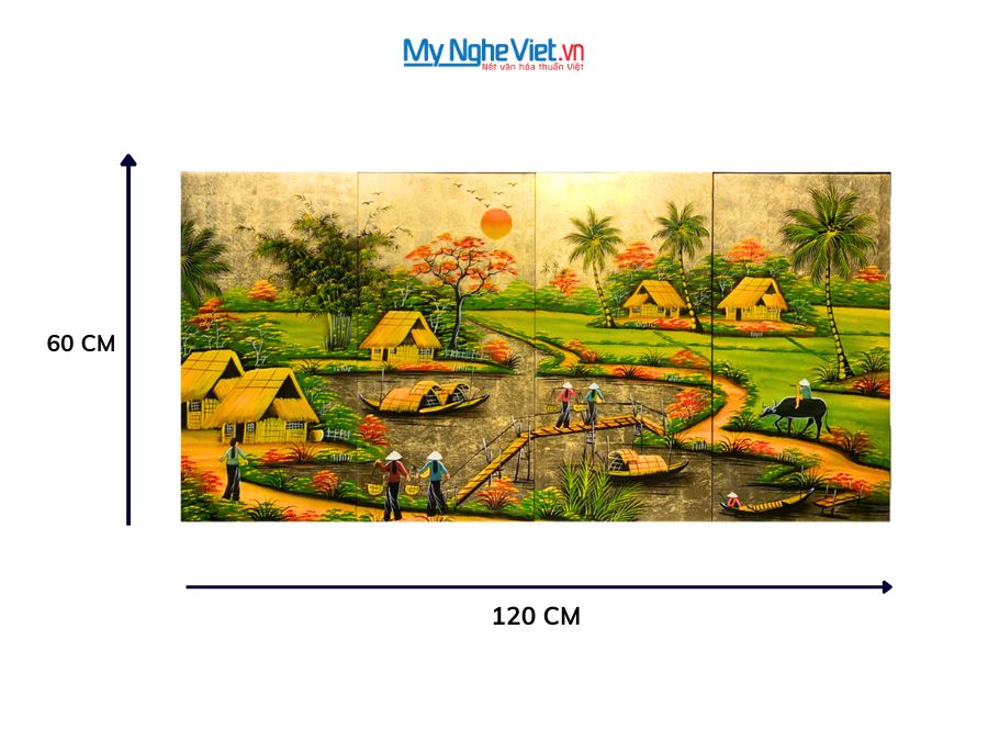Bộ Tranh Sơn Mài Đồng Quê Dát Vàng 30x60 MNV-TSM363-3