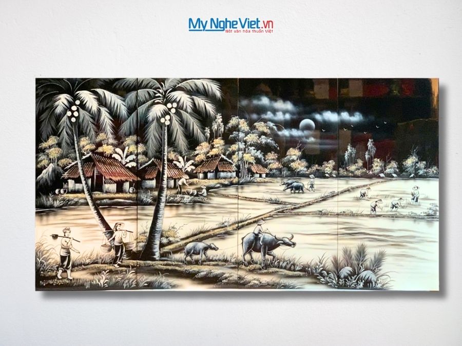 Bộ Tranh Sơn Mài Đồng Quê Đen Trắng 30x60 TSM26