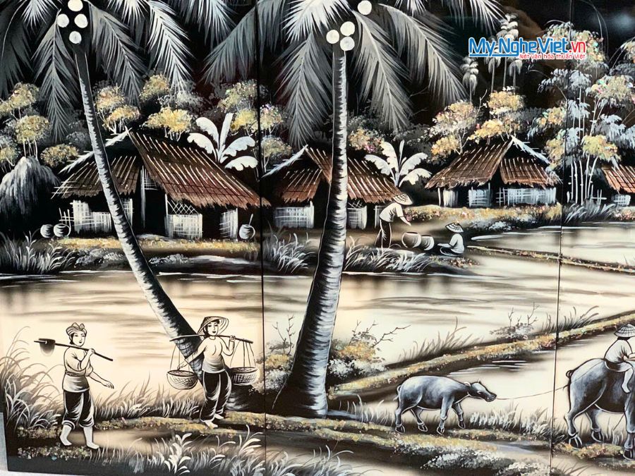 Bộ Tranh Sơn Mài Đồng Quê Đen Trắng 30x60 TSM26