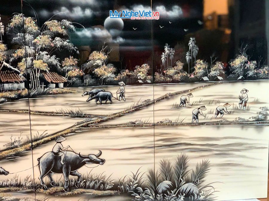 Bộ Tranh Sơn Mài Đồng Quê Đen Trắng 30x60 TSM26