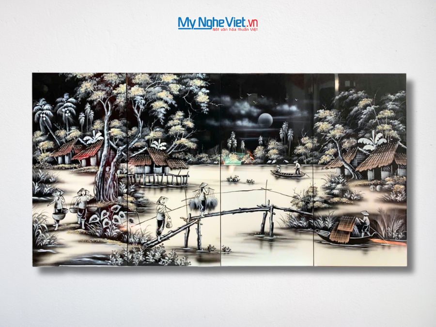 Bộ Tranh Sơn Mài Đồng Quê Đen Trắng 30x60 TSM21