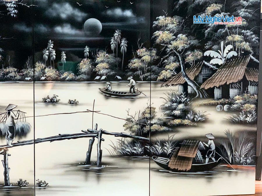 Bộ Tranh Sơn Mài Đồng Quê Đen Trắng 30x60 TSM21