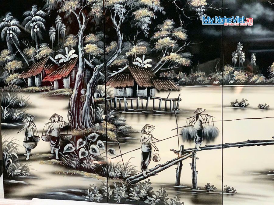 Bộ Tranh Sơn Mài Đồng Quê Đen Trắng 30x60 TSM21