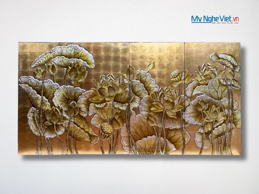 Bộ Tranh Sơn Mài Hoa Sen Đắp Nổi 30x60 MNV-TSM36sen