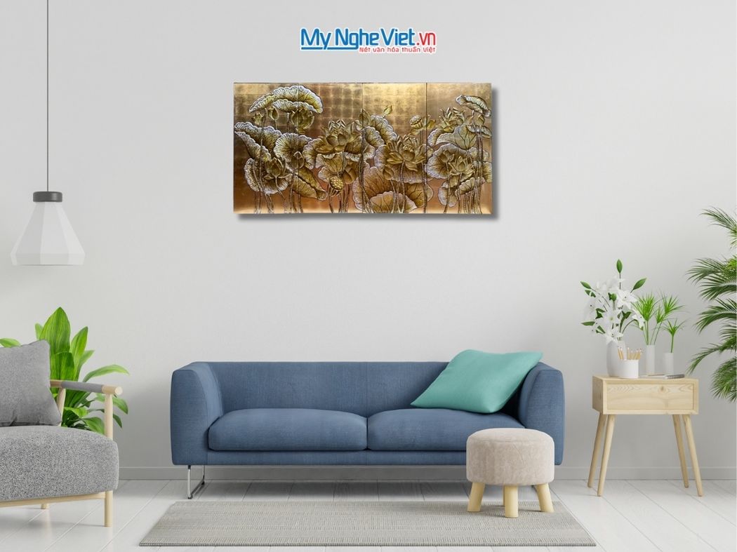 Bộ Tranh Sơn Mài Hoa Sen Đắp Nổi 30x60 MNV-TSM36sen