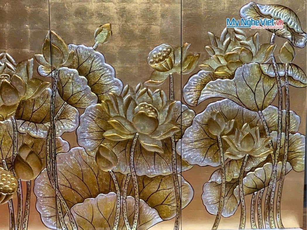 Bộ Tranh Sơn Mài Hoa Sen Đắp Nổi 30x60 MNV-TSM36sen