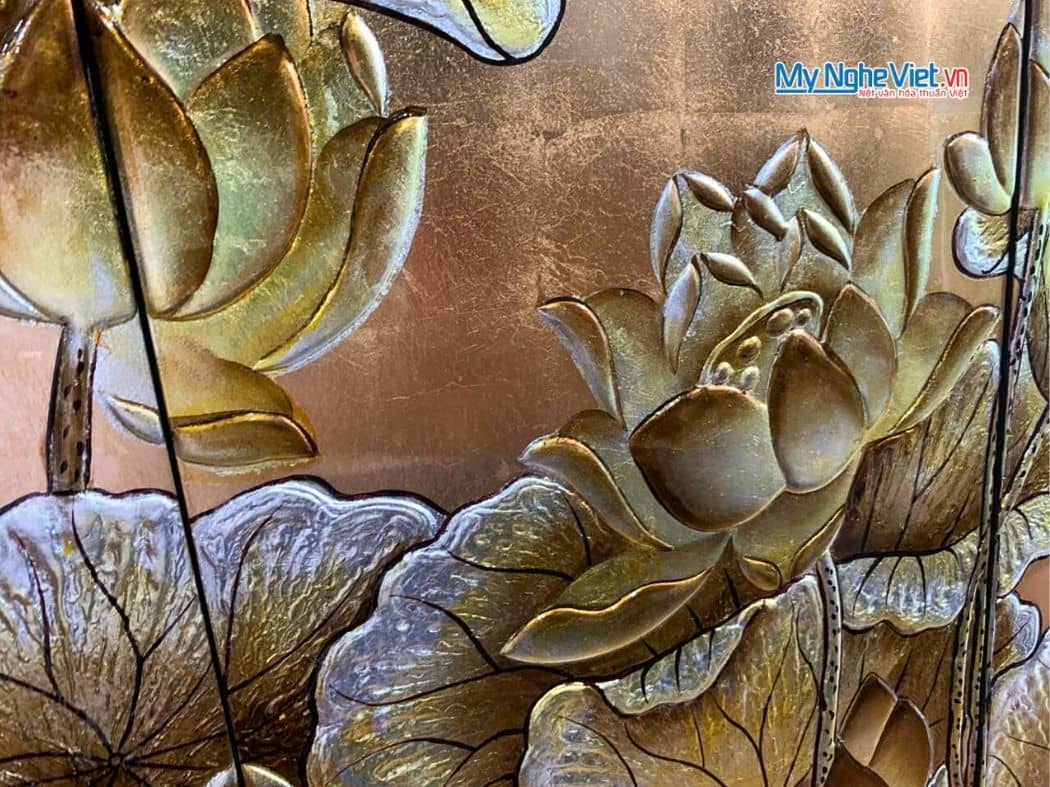 Bộ Tranh Sơn Mài Hoa Sen Đắp Nổi 30x60 MNV-TSM36sen
