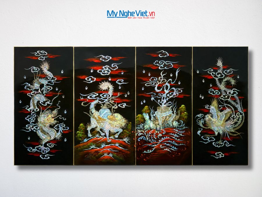 Bộ Tranh Sơn Mài Long Lân Quy Phụng Cẩn Chìm Nền Ấm 30x60 MNV-TSM367-11