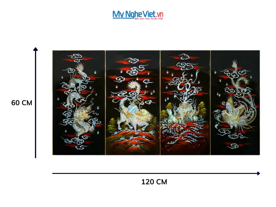 Bộ Tranh Sơn Mài Long Lân Quy Phụng Cẩn Chìm Nền Ấm 30x60 MNV-TSM367-11