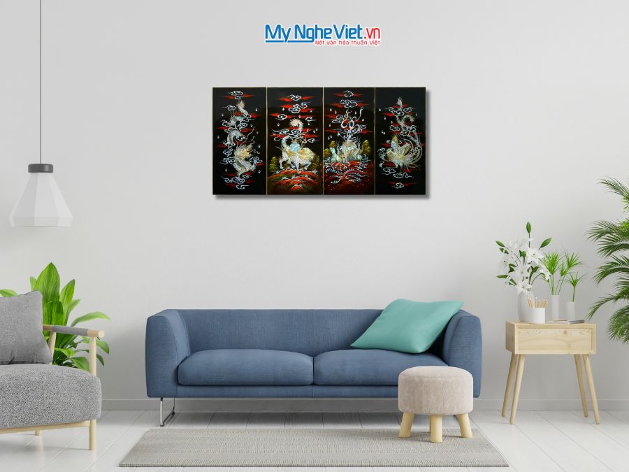 Bộ Tranh Sơn Mài Long Lân Quy Phụng Cẩn Chìm Nền Ấm 30x60 MNV-TSM367-11
