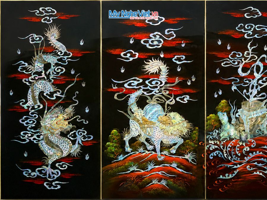 Bộ Tranh Sơn Mài Long Lân Quy Phụng Cẩn Chìm Nền Ấm 30x60 MNV-TSM367-11