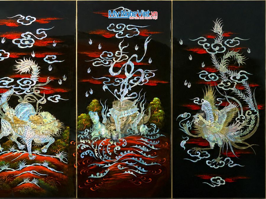 Bộ Tranh Sơn Mài Long Lân Quy Phụng Cẩn Chìm Nền Ấm 30x60 MNV-TSM367-11