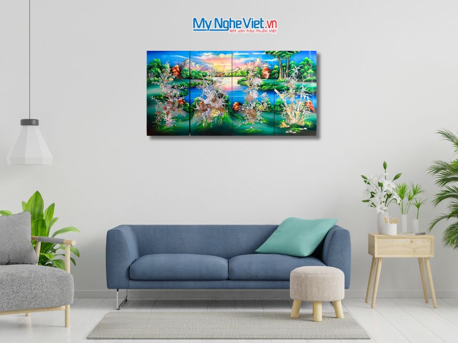 Bộ Tranh Sơn Mài Mai Lan Cúc Trúc Cẩn Nổi Nền Xanh 30x60 TSM365.1