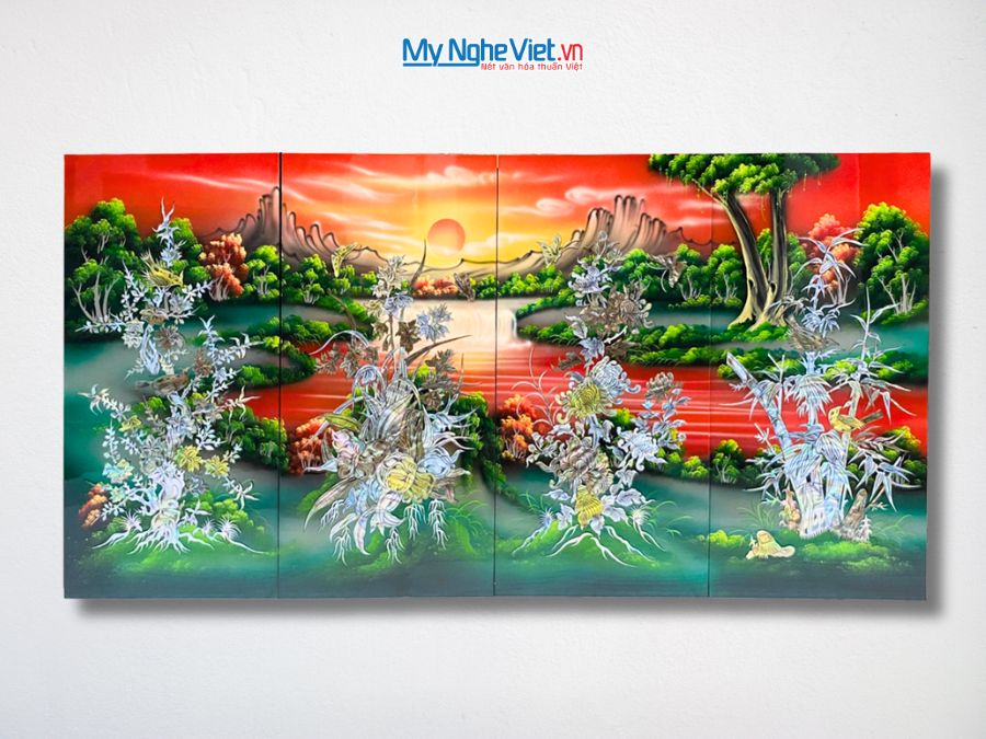 Bộ Tranh Sơn Mài Mai Lan Cúc Trúc Cẩn Nổi 30x60 MNV-SMA367