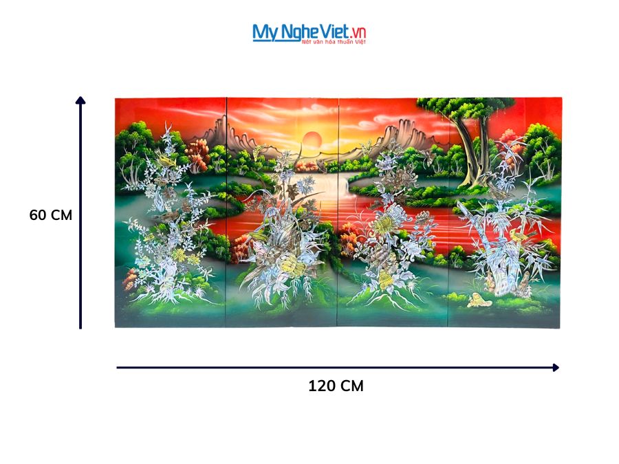 Bộ Tranh Sơn Mài Mai Lan Cúc Trúc Cẩn Nổi 30x60 MNV-SMA367