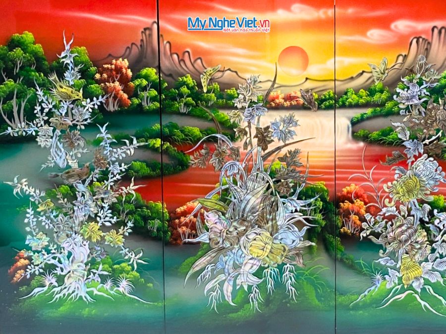 Bộ Tranh Sơn Mài Mai Lan Cúc Trúc Cẩn Nổi 30x60 MNV-SMA367