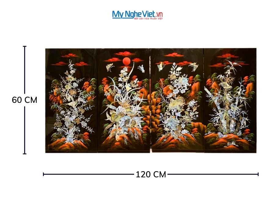 Bộ Tranh Sơn Mài Mai Lan Cúc Trúc Cẩn Chìm Nền Ấm 30x60 TSM365C-1
