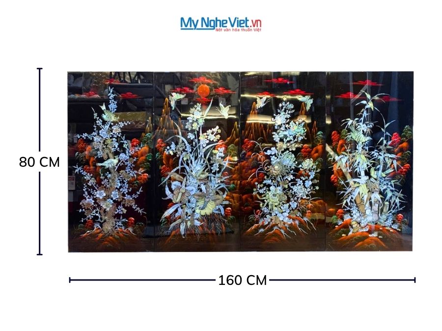 Bộ Tranh Sơn Mài Mai Lan Cúc Trúc Cẩn Chìm Nền Ấm 40x80 TSM22-1