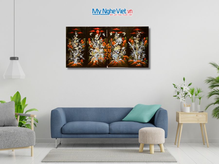Bộ Tranh Sơn Mài Mai Lan Cúc Trúc Cẩn Chìm Nền Ấm 30x60 TSM365C-1