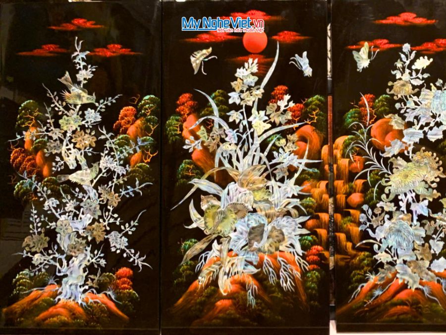 Bộ Tranh Sơn Mài Mai Lan Cúc Trúc Cẩn Chìm Nền Ấm 30x60 TSM365C-1