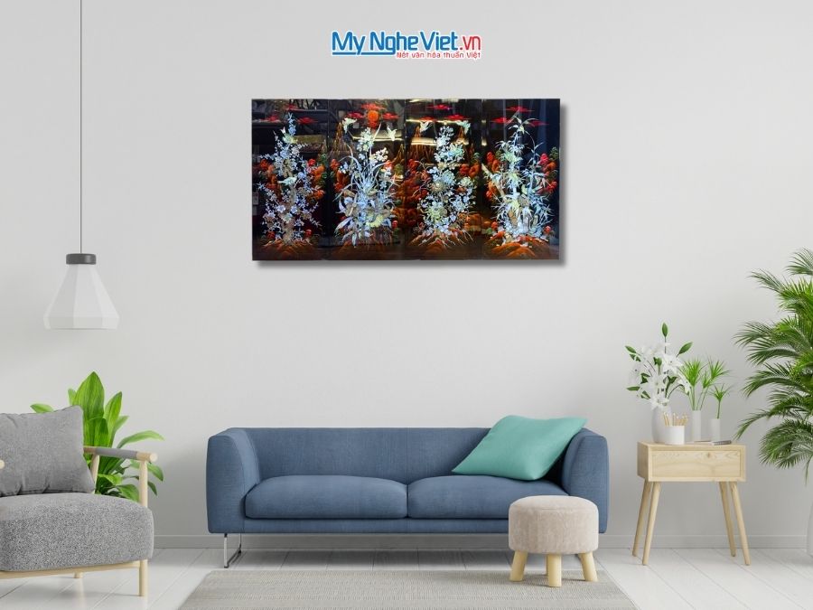 Bộ Tranh Sơn Mài Mai Lan Cúc Trúc Cẩn Chìm Nền Ấm 40x80 TSM22-1