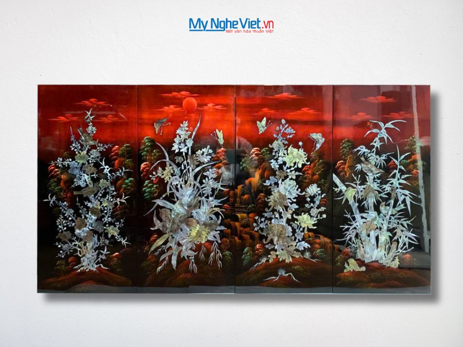 Bộ Tranh Sơn Mài Mai Lan Cúc Trúc Cẩn Nổi Nền Ấm 30x60 TSM365