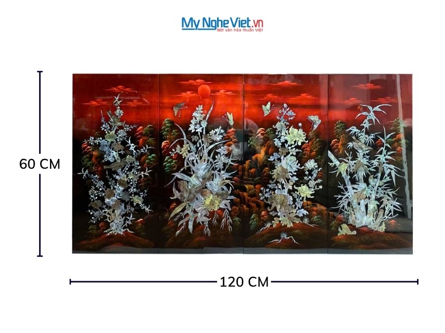 Bộ Tranh Sơn Mài Mai Lan Cúc Trúc Cẩn Nổi Nền Ấm 30x60 TSM365