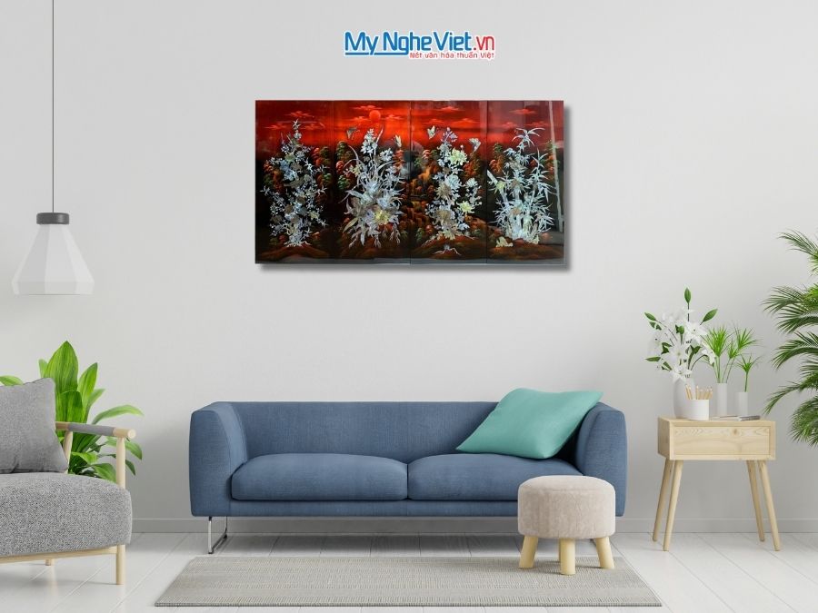 Bộ Tranh Sơn Mài Mai Lan Cúc Trúc Cẩn Nổi Nền Ấm 30x60 TSM365