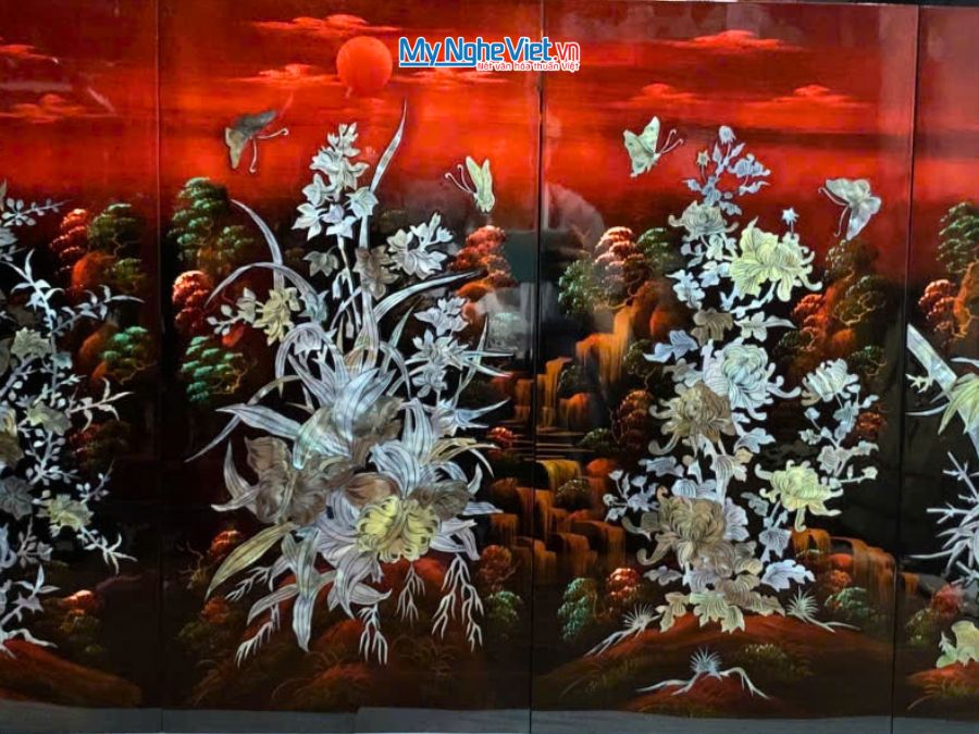 Bộ Tranh Sơn Mài Mai Lan Cúc Trúc Cẩn Nổi Nền Ấm 30x60 TSM365