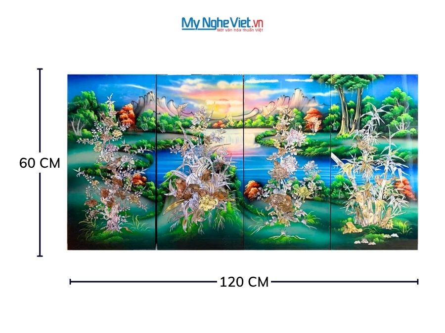 Bộ Tranh Sơn Mài Mai Lan Cúc Trúc Cẩn Nổi Nền Xanh 30x60 TSM365.1