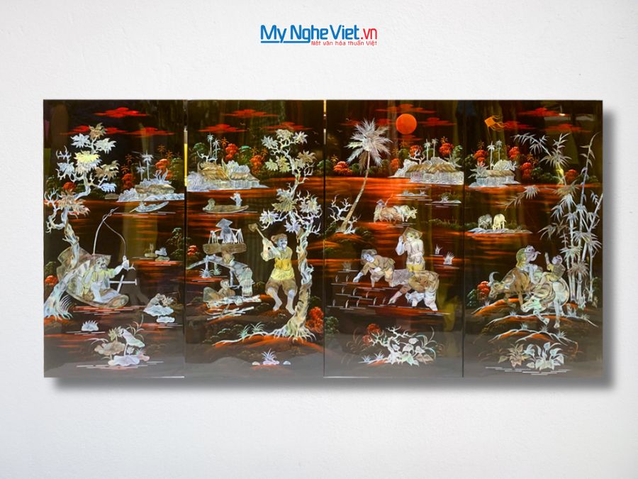 Bộ Tranh Sơn Mài Ngư Tiều Canh Mục Cẩn Chìm 30x60 MNV-TSM364-2