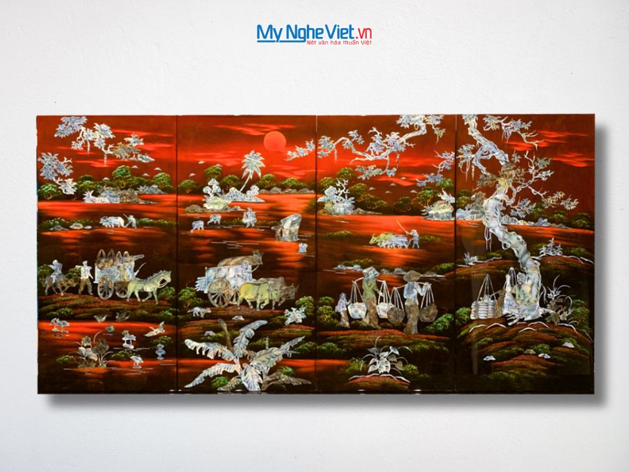 Bộ Tranh Sơn Mài Đồng Quê Cẩn Chìm Nền Ấm 30x60 MNV-TSM363-1