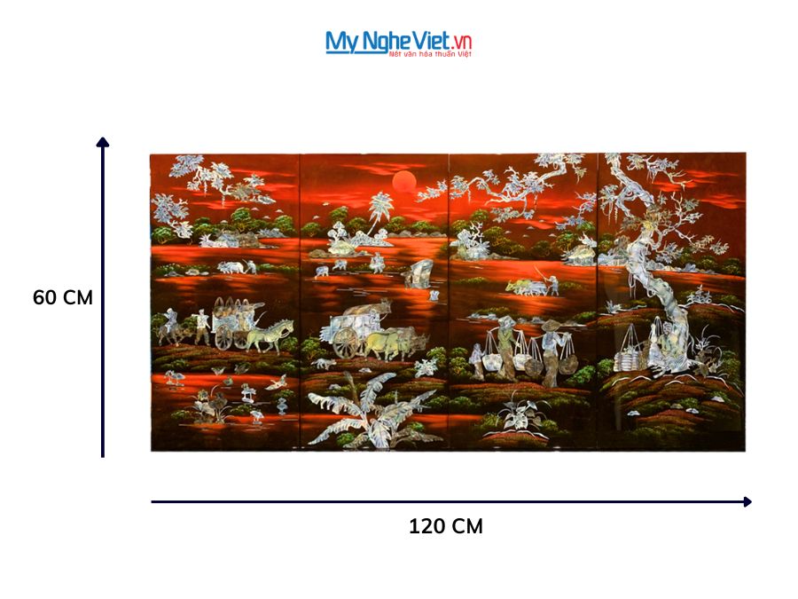 Bộ Tranh Sơn Mài Đồng Quê Cẩn Chìm Nền Ấm 30x60 MNV-TSM363-1