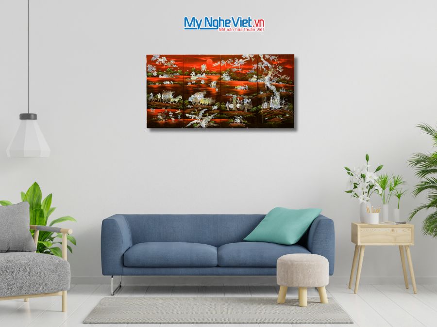 Bộ Tranh Sơn Mài Đồng Quê Cẩn Chìm Nền Ấm 30x60 MNV-TSM363-1