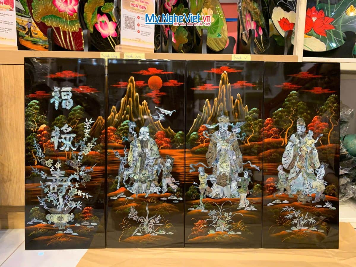 Bộ Tranh Sơn Mài Phúc Lộc Thọ Cẩn Chìm Nền Đỏ TSM257-2