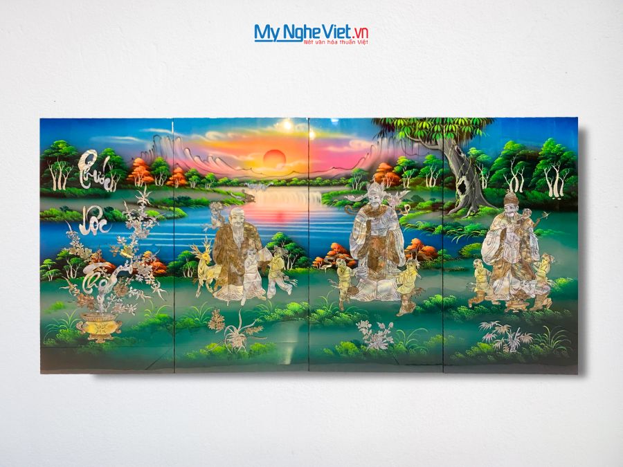 Bộ Tranh Sơn Mài Phúc Lộc Thọ Cẩn Nổi Nền Xanh 30x60 TSM36/1