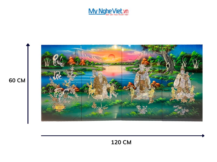 Bộ Tranh Sơn Mài Phúc Lộc Thọ Cẩn Nổi Nền Xanh 30x60 TSM36/1