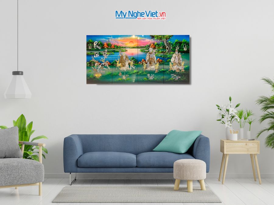 Bộ Tranh Sơn Mài Phúc Lộc Thọ Cẩn Nổi Nền Xanh 30x60 TSM36/1