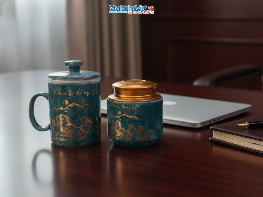 Set Ly sứ và Hũ trà gốm sứ men vân đá mã đáo thành công xanh đậm CBG002.3