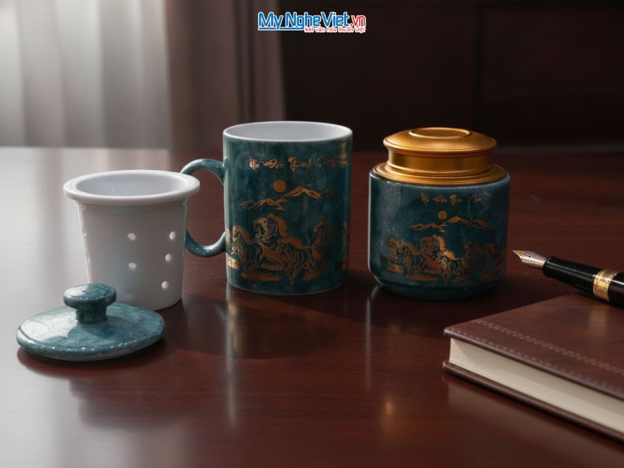 Set Ly sứ và Hũ trà gốm sứ men vân đá mã đáo thành công xanh đậm CBG002.3