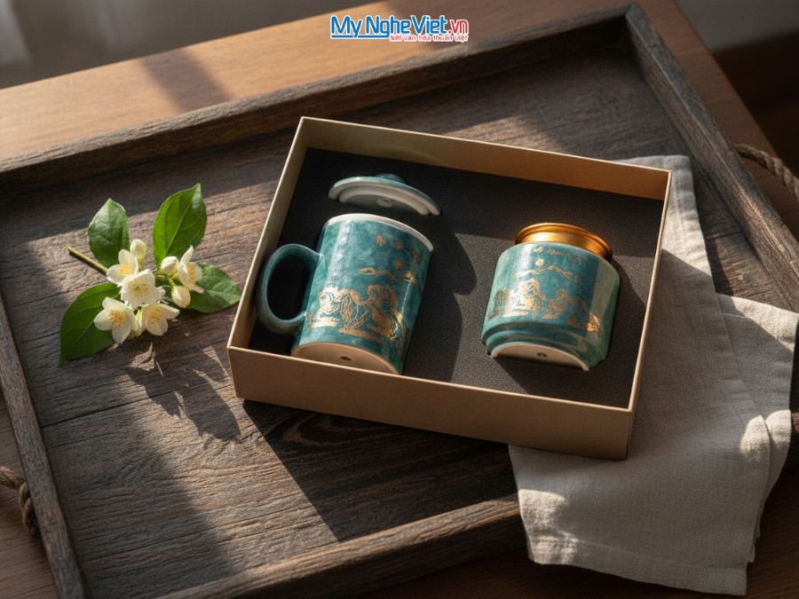 Set Ly sứ và Hũ trà gốm sứ men vân đá mã đáo thành công xanh đậm CBG002.3