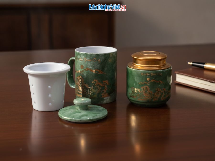 Set Ly sứ và Hũ trà gốm sứ men vân đá mã đáo thành công xanh lá CBG002.2