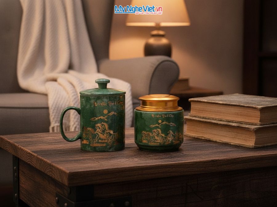 Set Ly sứ và Hũ trà gốm sứ men vân đá mã đáo thành công xanh lá CBG002.2