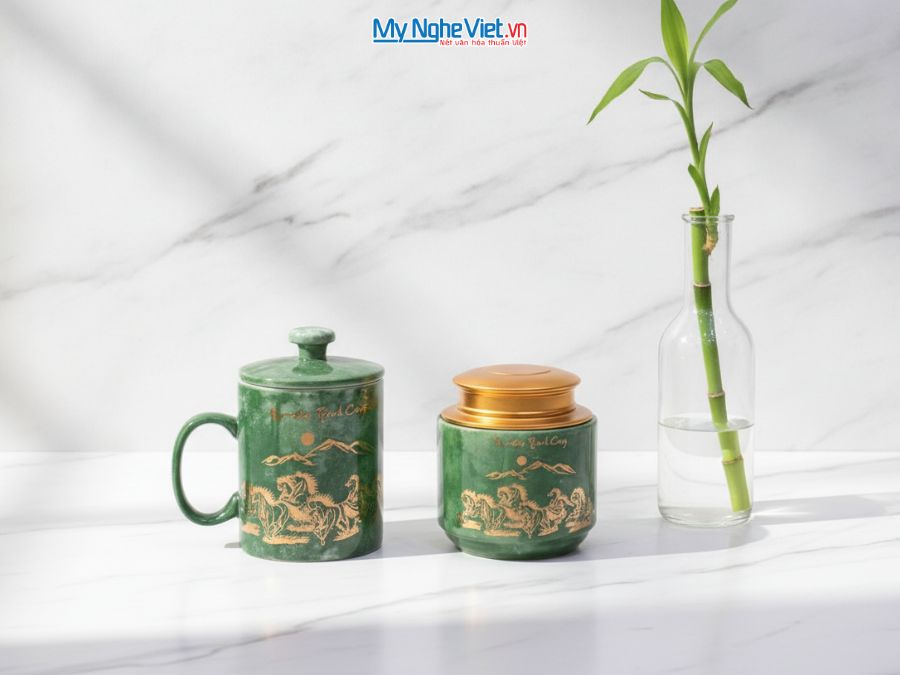 Set Ly sứ và Hũ trà gốm sứ men vân đá mã đáo thành công xanh lá CBG002.2