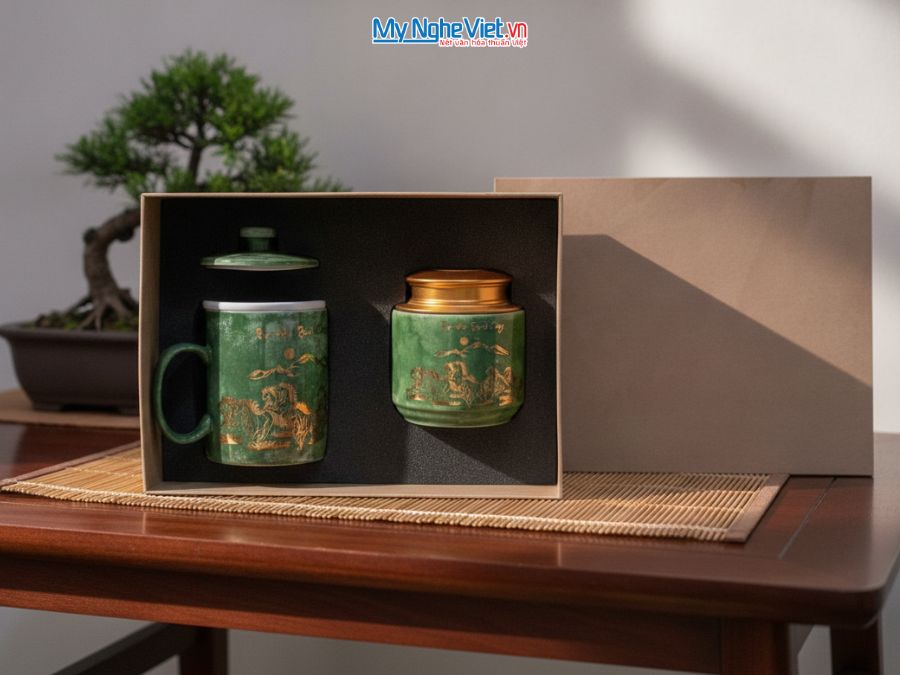Set Ly sứ và Hũ trà gốm sứ men vân đá mã đáo thành công xanh lá CBG002.2