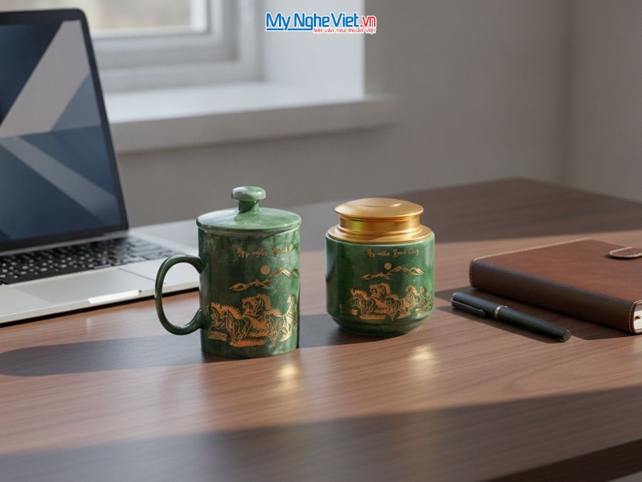 Set Ly sứ và Hũ trà gốm sứ men vân đá mã đáo thành công xanh lá CBG002.2