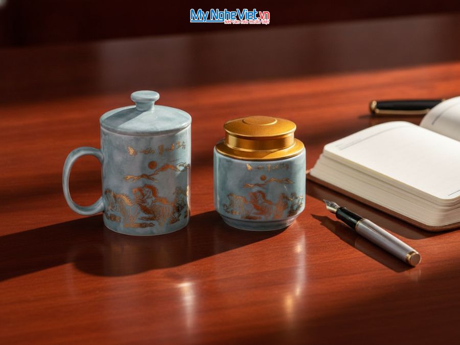 Set Ly sứ và Hũ trà gốm sứ men vân đá mã đáo thành công xanh nhạt CBG002.1