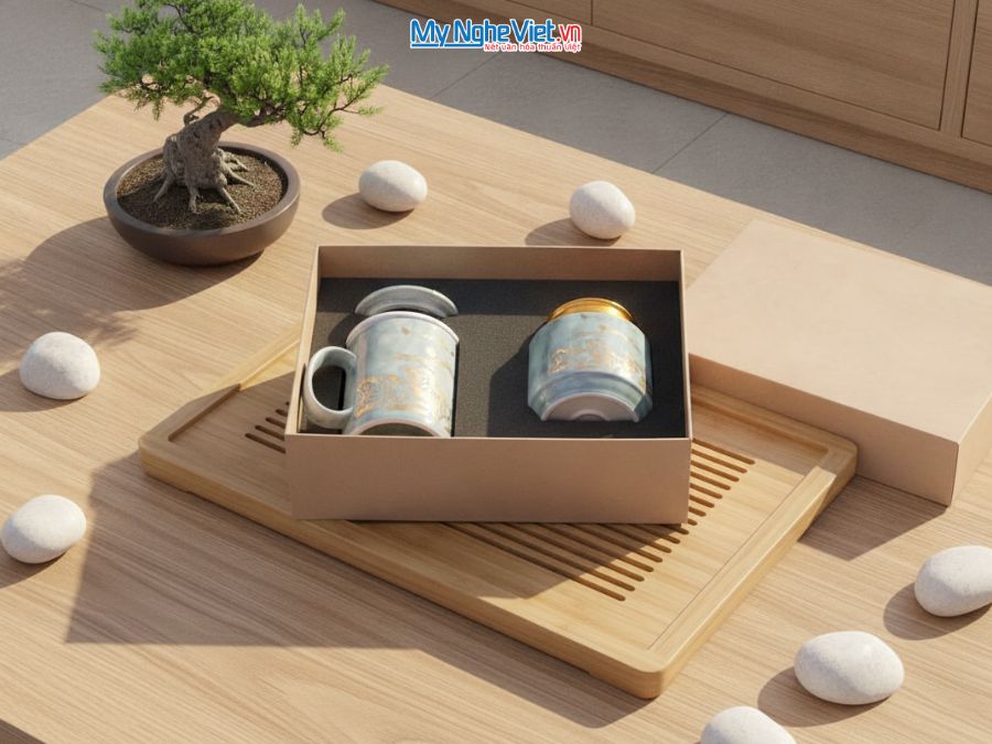 Set Ly sứ và Hũ trà gốm sứ men vân đá mã đáo thành công xanh nhạt CBG002.1