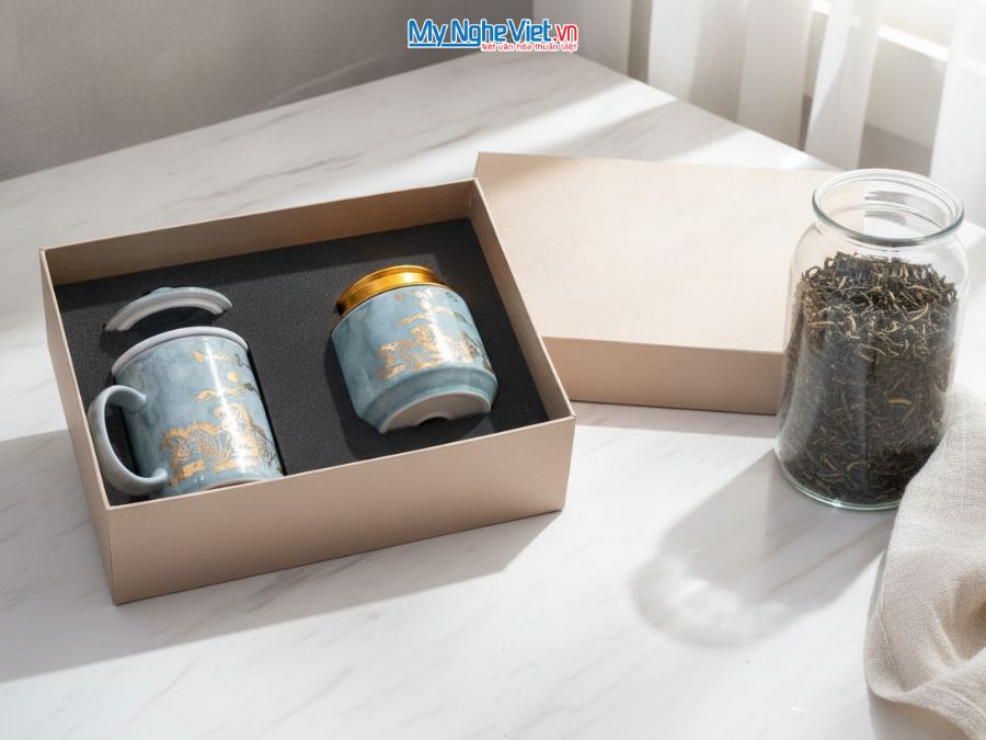 Set Ly sứ và Hũ trà gốm sứ men vân đá mã đáo thành công xanh nhạt CBG002.1