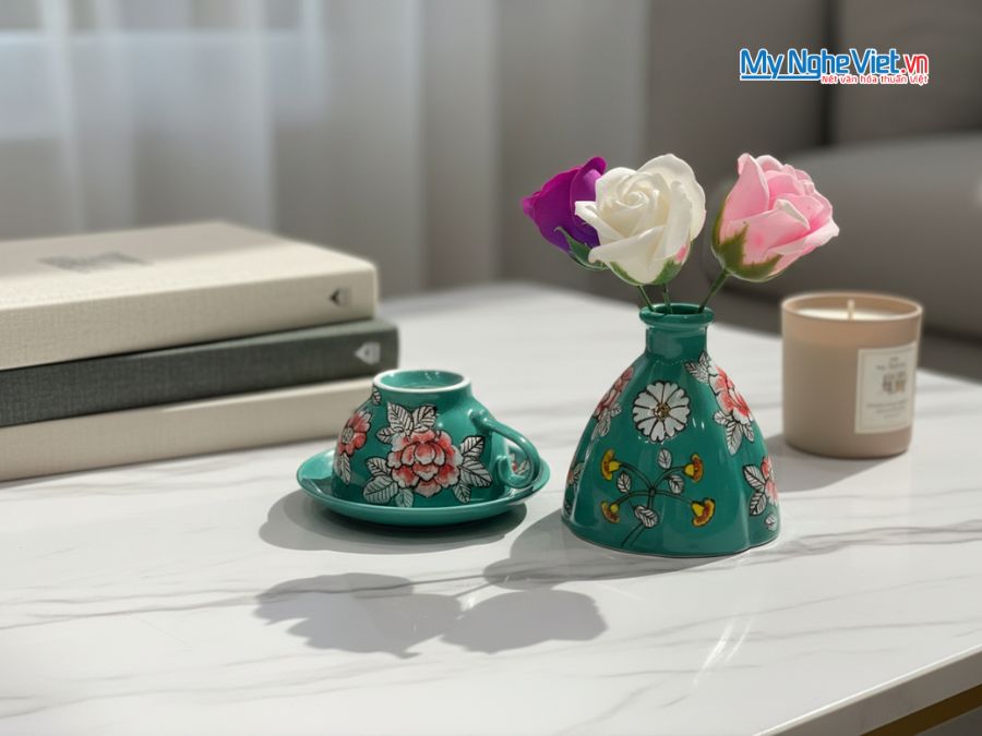 Combo quà tặng lọ hoa mini + bộ ly cappucino vẽ tay + hộp xilot MNV-HBT1223-2/1